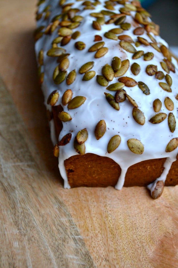 Iced Pumpkin Loaf with Cinnamon Roasted Pumpkin Seeds