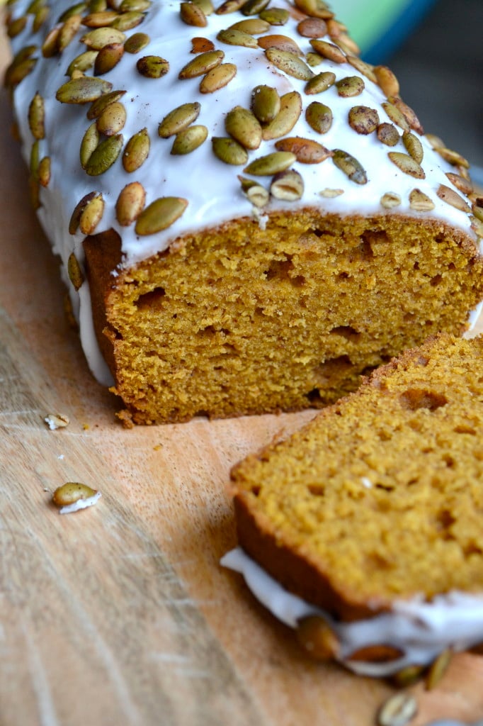 Iced Pumpkin Loaf with Cinnamon Roasted Pumpkin Seeds