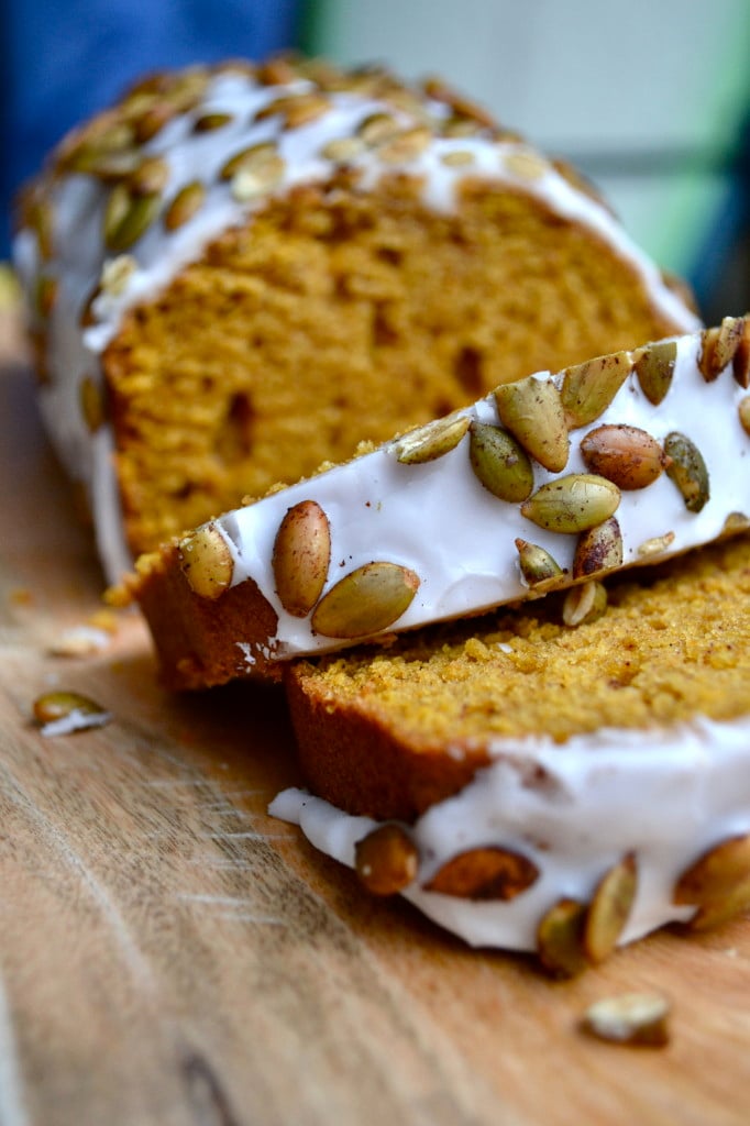 Iced Pumpkin Loaf with Cinnamon Roasted Pumpkin Seeds