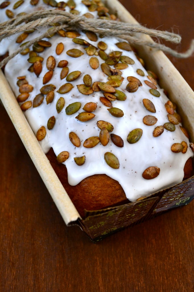 Iced Pumpkin Loaf with Cinnamon Roasted Pumpkin Seeds