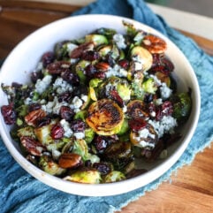 Savor Cranberry Pecan Brussels Sprouts—roasted to perfection with tart cranberries and crunchy pecans for a festive side!