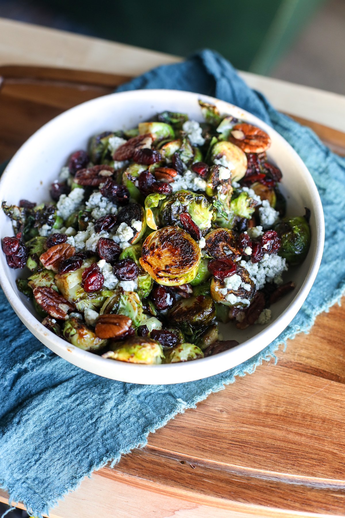 Savor Cranberry Pecan Brussels Sprouts—roasted to perfection with tart cranberries and crunchy pecans for a festive side!