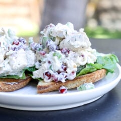 Fresh & flavorful Pomegranate Chicken Salad! Healthy, easy, and packed with juicy pomegranate seeds and a light yogurt dressing.