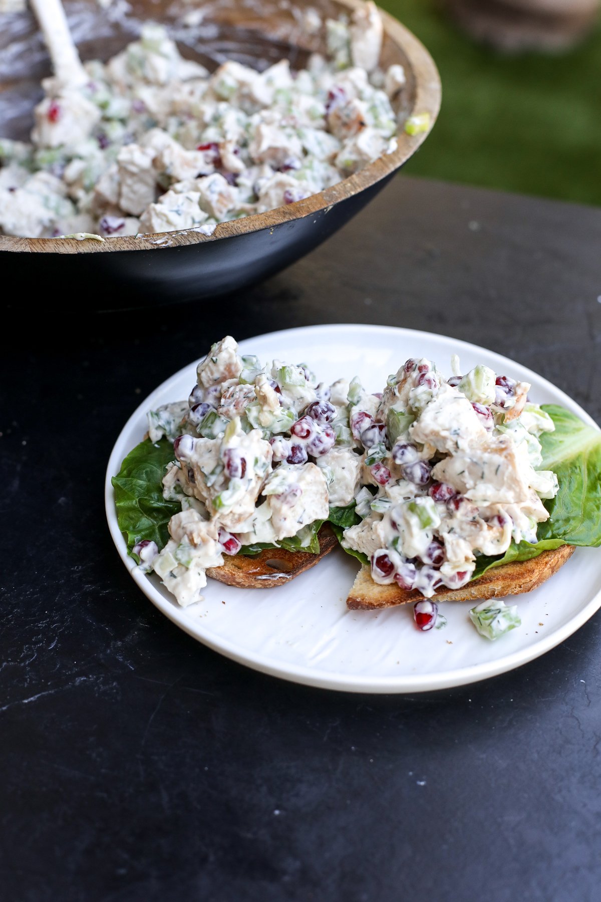 Fresh & flavorful Pomegranate Chicken Salad! Healthy, easy, and packed with juicy pomegranate seeds and a light yogurt dressing.