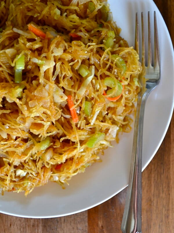 This Spaghetti Squash Chow Mein is so perfect if you are craving noodles but don't want to eat all those carbs! Whole30 and Paleo Compliant.