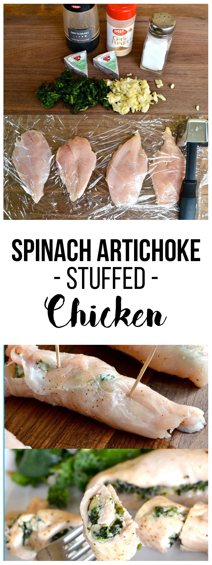 This delicious recipe is a fresh and healthy twist on a boring chicken breast. Filled with a mix of spinach, artichoke and laughing cow cheese!