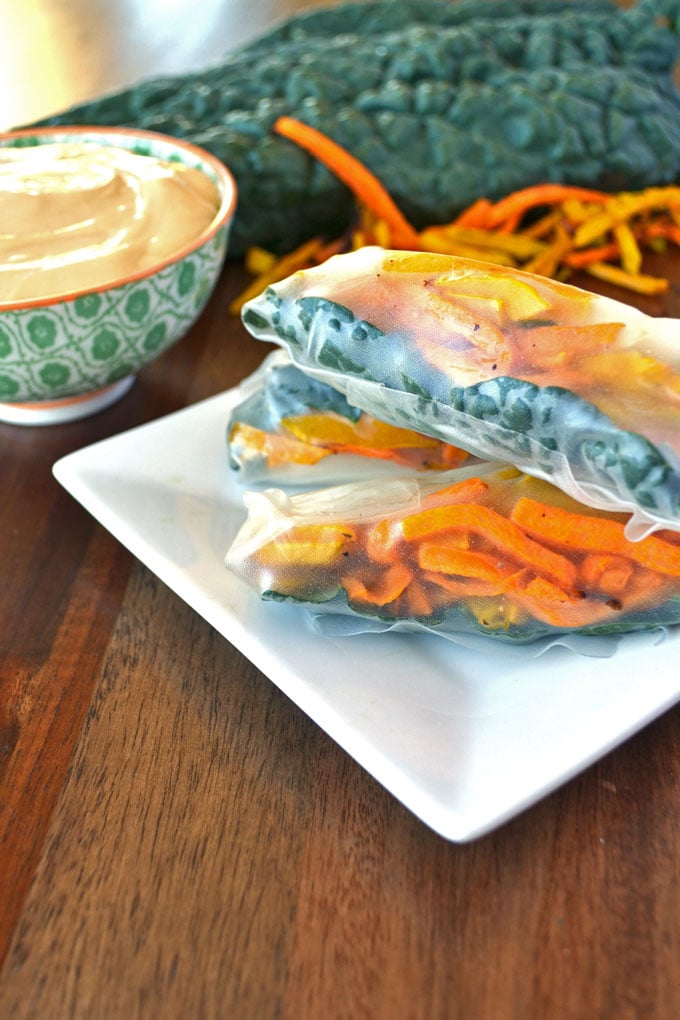 Squash Spring Rolls with Maple Dijon Dipping Sauce! Vegan, gluten free, easy and delicious! 