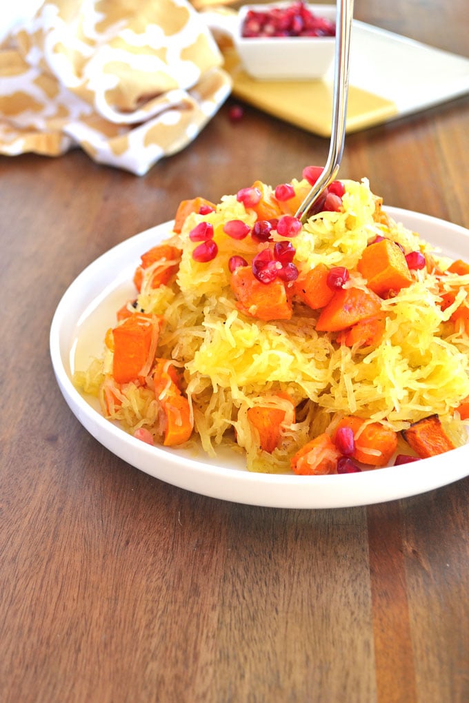 Spiced Spaghetti Squash with Butternut Squash & Pomegranate Seeds - a perfect paleo side dish for any occasion!