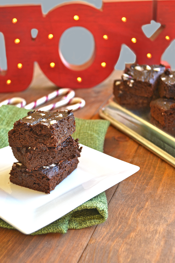 Chocolate Peppermint Avocado Brownies - whole wheat flour, avocado & cacao powder make these superfood brownies! Also topped with some organic candy canes :)