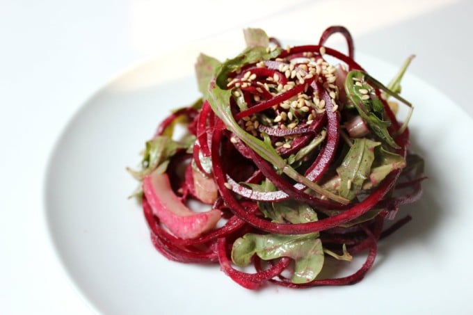 Easy Whole30 Side Dishes: Raw Balsamic Tahini Beet Noodles!