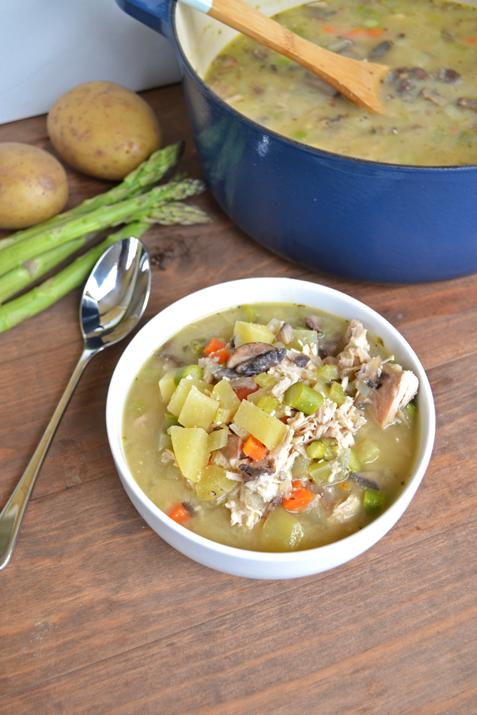 Chicken Pot Pie Soup! Whole30 approved and paleo! Asparagus instead of peas and you'll never guess what makes it so creamy but still non-dairy!