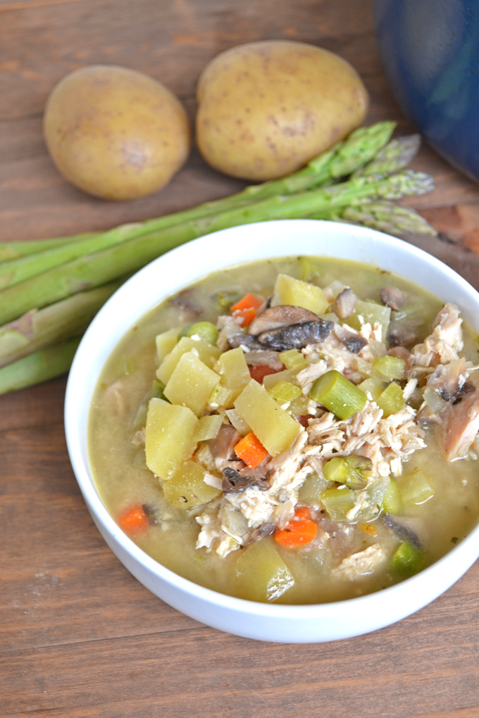 Chicken Pot Pie Soup! Whole30 approved and paleo! Asparagus instead of peas and you'll never guess what makes it so creamy but still non-dairy!