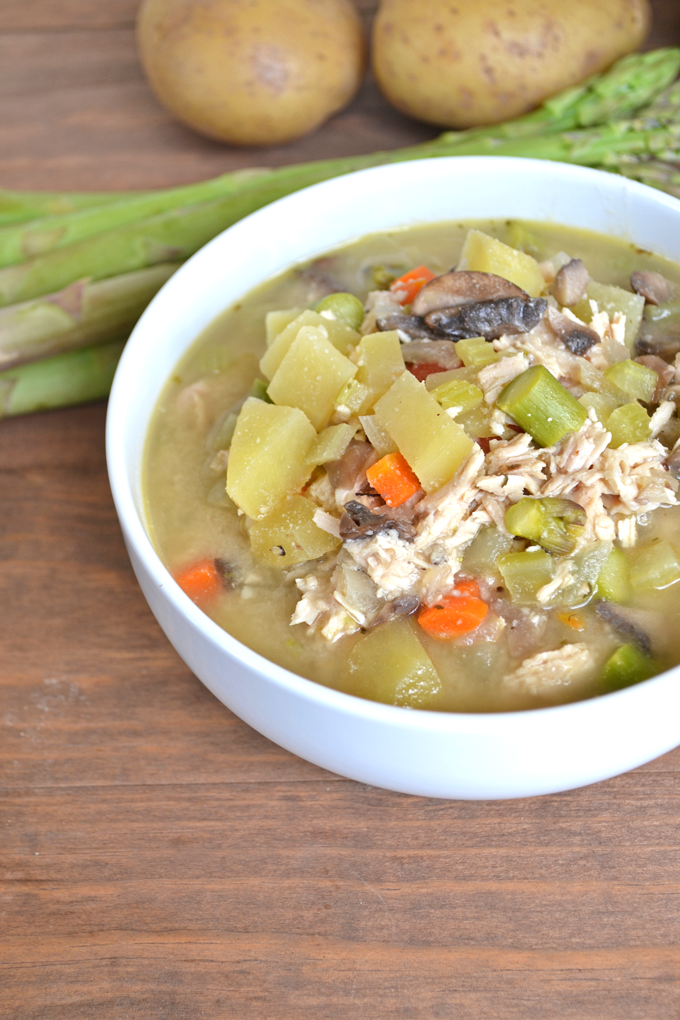 Chicken Pot Pie Soup! Whole30 approved and paleo! Asparagus instead of peas and you'll never guess what makes it so creamy but still non-dairy!