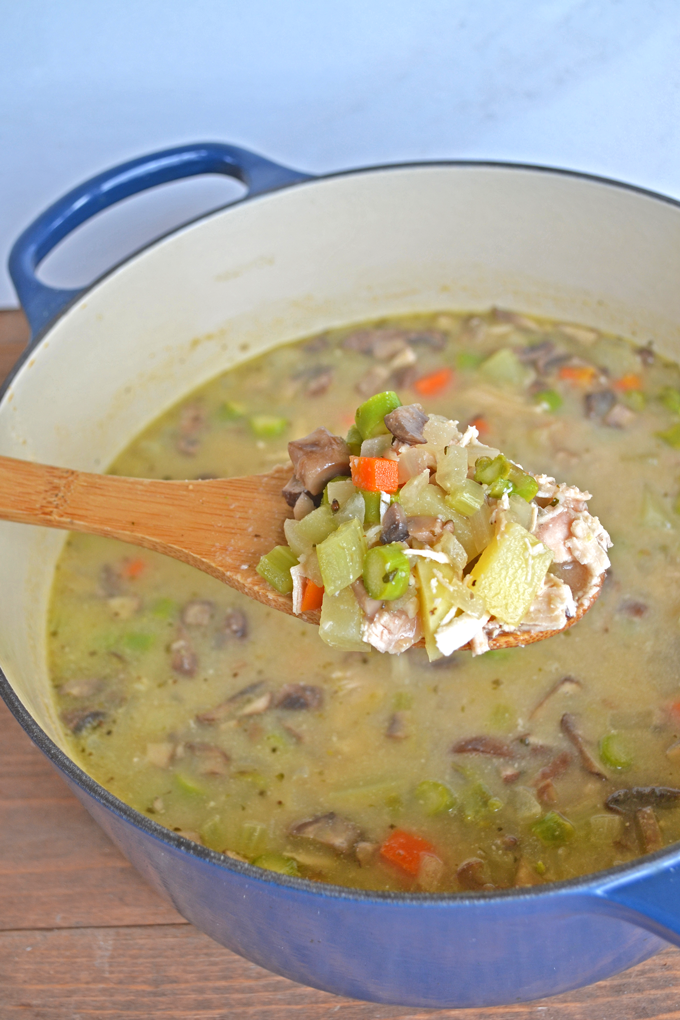 Chicken Pot Pie Soup! Whole30 approved and paleo! Asparagus instead of peas and you'll never guess what makes it so creamy but still non-dairy!