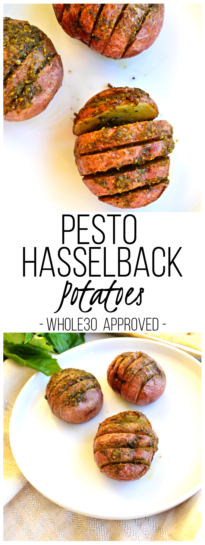 Pesto Hasselback Potatoes - I like to use red potatoes for this healthy side dish! Whole30 approved and SO tasty!