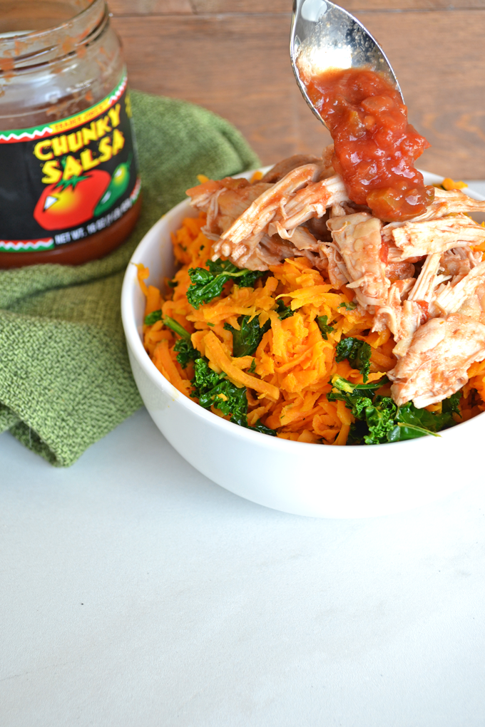 Slow Cooker Salsa Chicken with Sweet Potato Rice! This is a nutrient packed super meal! Paleo and Whole30 - this lime cilantro sweet potato rice is FULL of flavor!