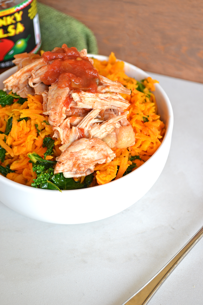 Slow Cooker Salsa Chicken with Sweet Potato Rice! This is a nutrient packed super meal! Paleo and Whole30 - this lime cilantro sweet potato rice is FULL of flavor!