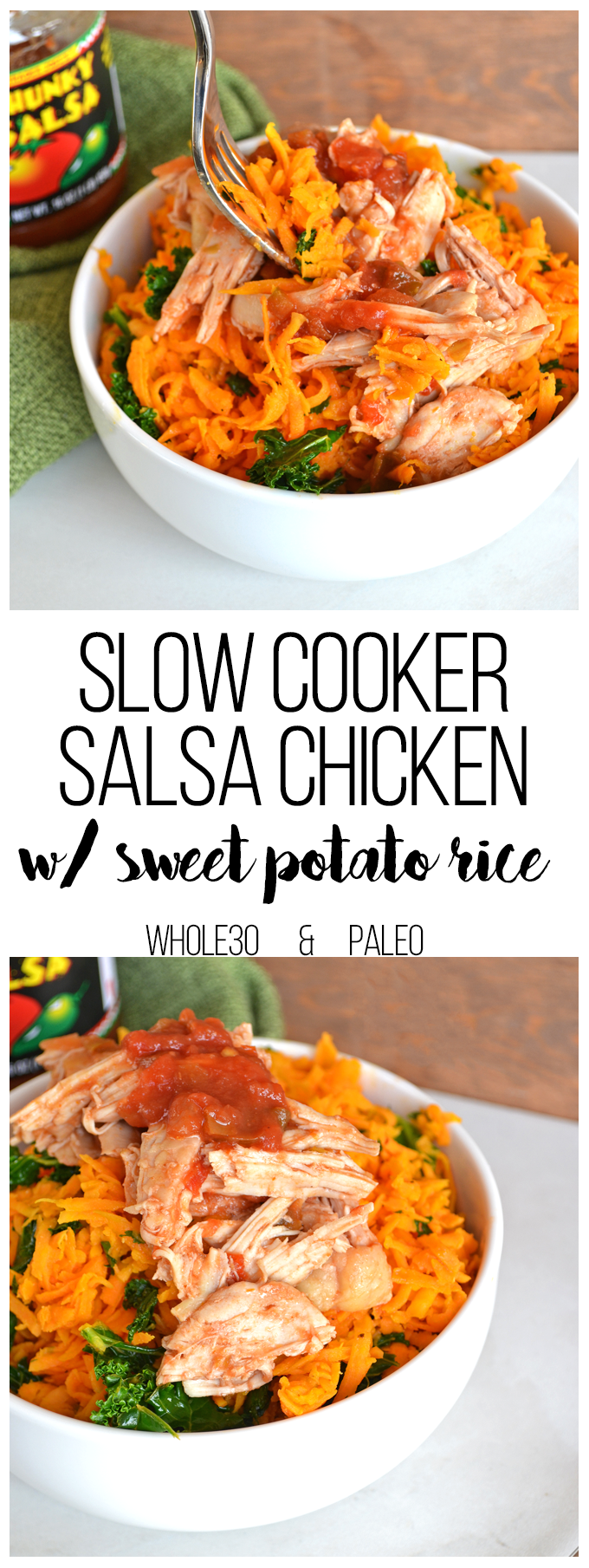 Slow Cooker Salsa Chicken with Sweet Potato Rice! This is a nutrient packed super meal! Paleo and Whole30 - this lime cilantro sweet potato rice is FULL of flavor!