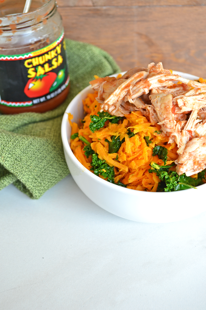 Slow Cooker Salsa Chicken with Sweet Potato Rice! This is a nutrient packed super meal! Paleo and Whole30 - this lime cilantro sweet potato rice is FULL of flavor!