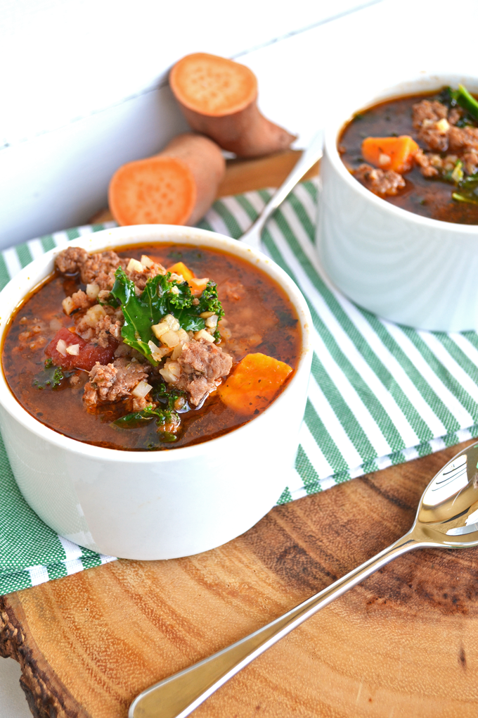 This Italian Beef & Cauliflower Rice Soup is super hearty and filling for any whole 30, paleo or just all around healthy meal! Tons of spices just it great flavor, cauliflower rice adds bulk and sweet potatoes & kale are just the perfect finishing touch!