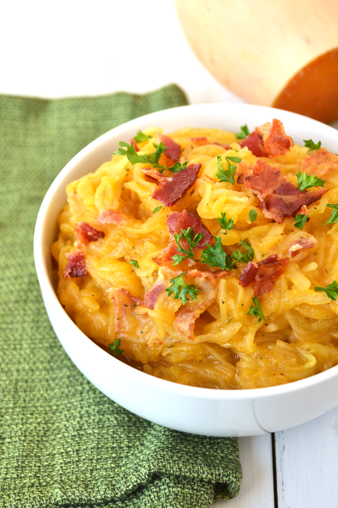 This Spaghetti Squash w/ Creamy Butternut Sage Sauce is such a delicious whole30 approved and Paleo meal!! You can even take out the bacon to make it Vegan! So full of flavor and easy to make.