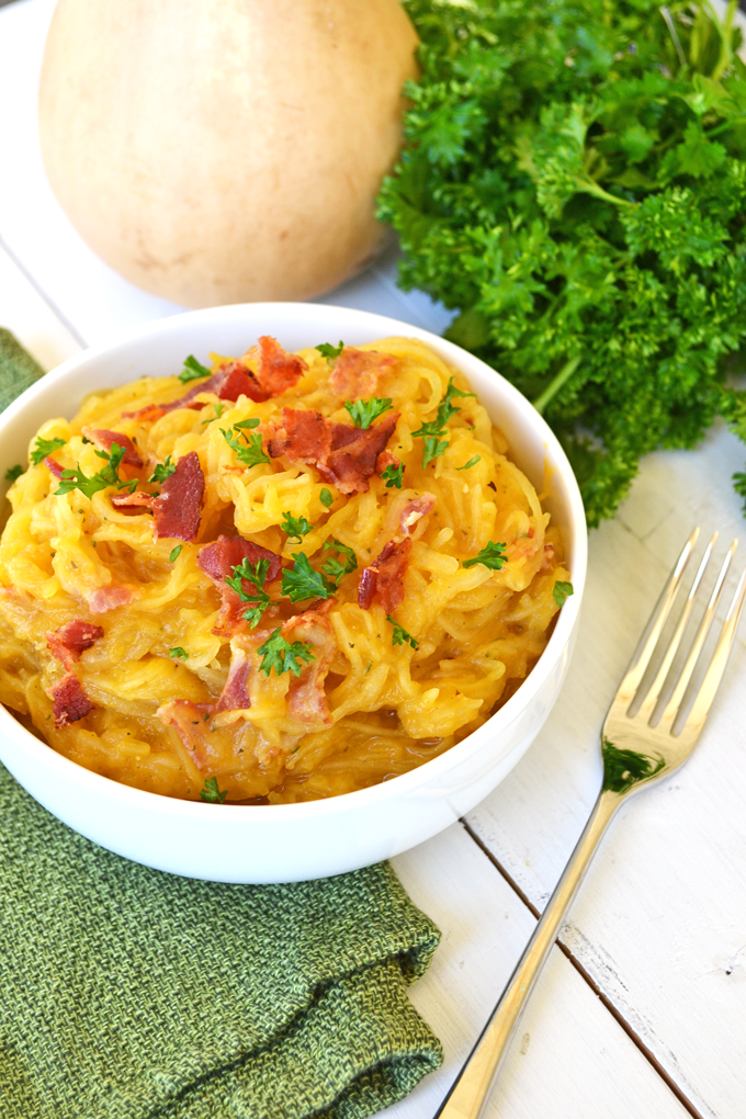 This Spaghetti Squash w/ Creamy Butternut Sage Sauce is such a delicious whole30 approved and Paleo meal!! You can even take out the bacon to make it Vegan! So full of flavor and easy to make.