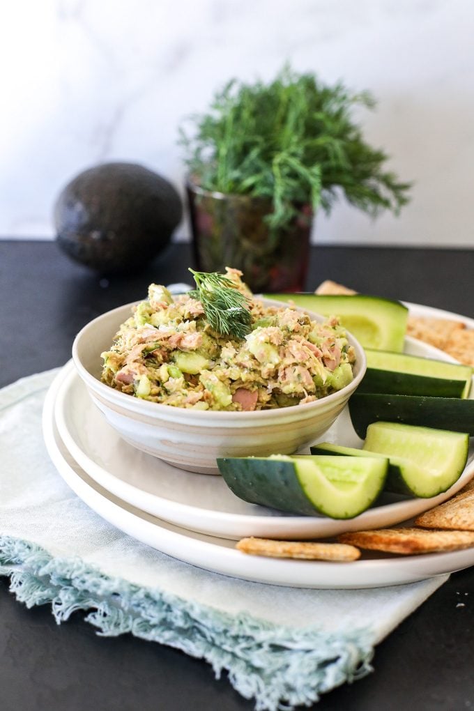 This Avocado Dill Tuna Salad is a delicious lunch option that is full of great veggies, healthy fat and protein!