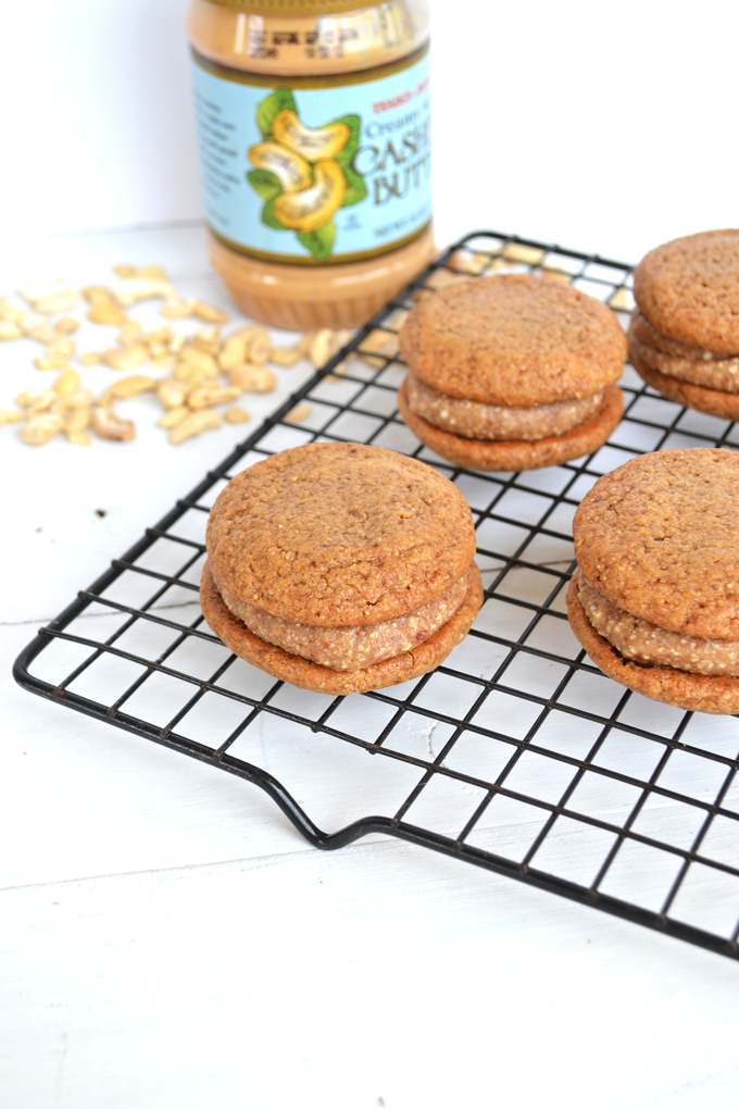 These Cashew Cookies with Salted Date Caramel Filling are Paleo, Grain Free, Dairy Free and SO DELICIOUS!