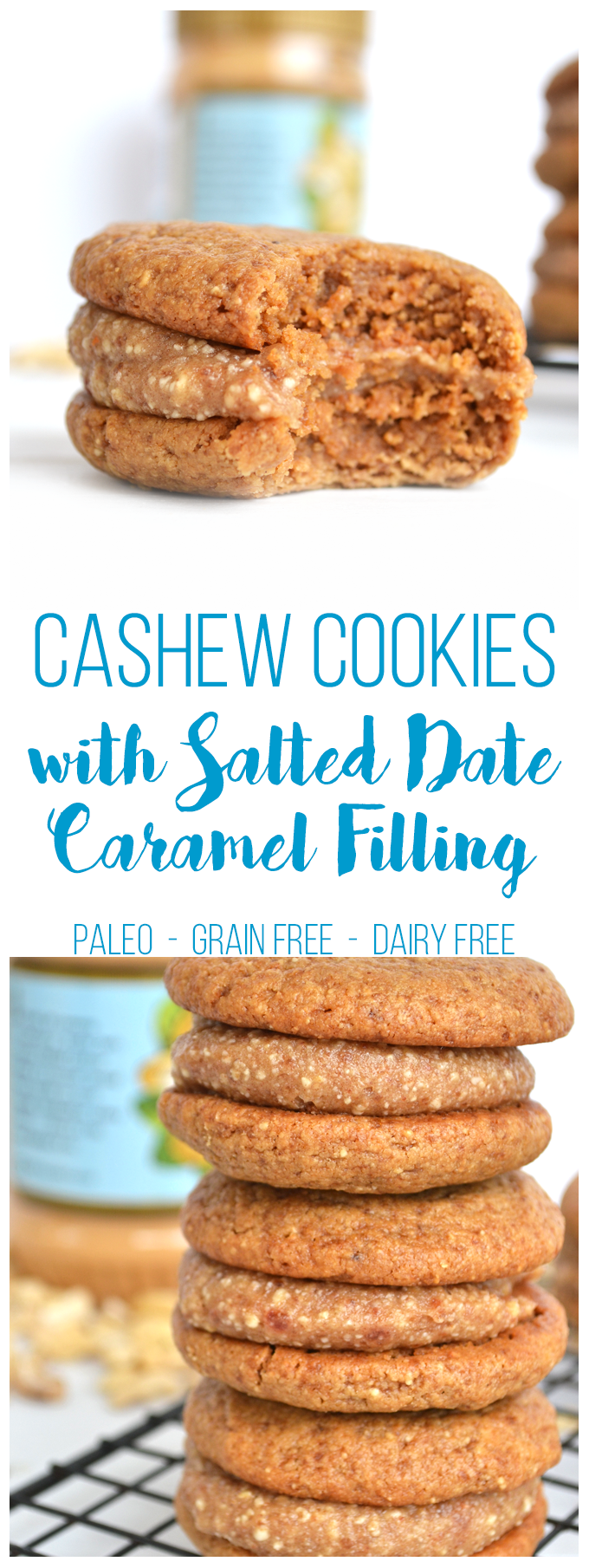 These Cashew Cookies with Salted Date Caramel Filling are Paleo, Grain Free, Dairy Free and SO DELICIOUS!