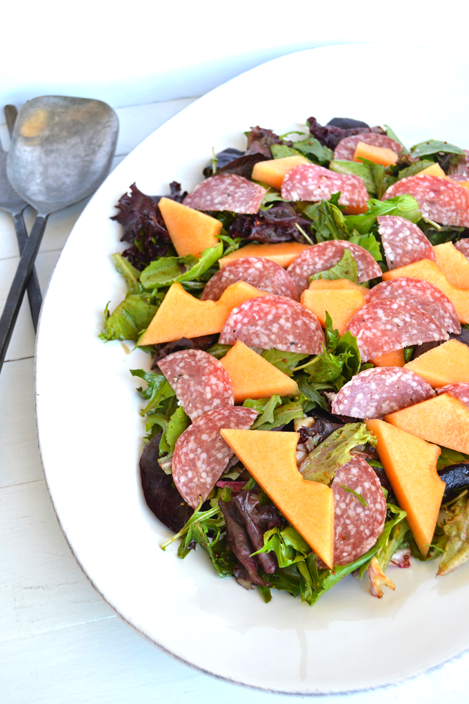 This Cantaloupe & Salami Salad with Balsamic Glaze is refreshing and perfect for spring and summer! 