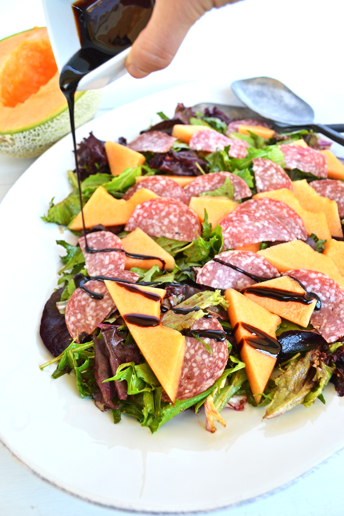 This Cantaloupe & Salami Salad with Balsamic Glaze is refreshing and perfect side dish for spring and summer! 