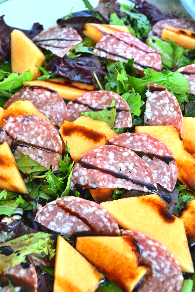 This Cantaloupe & Salami Salad with Balsamic Glaze is refreshing and perfect for spring and summer! 