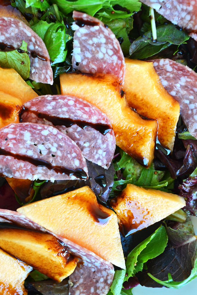 This Cantaloupe & Salami Salad with Balsamic Glaze is refreshing and perfect side dish for spring and summer! 