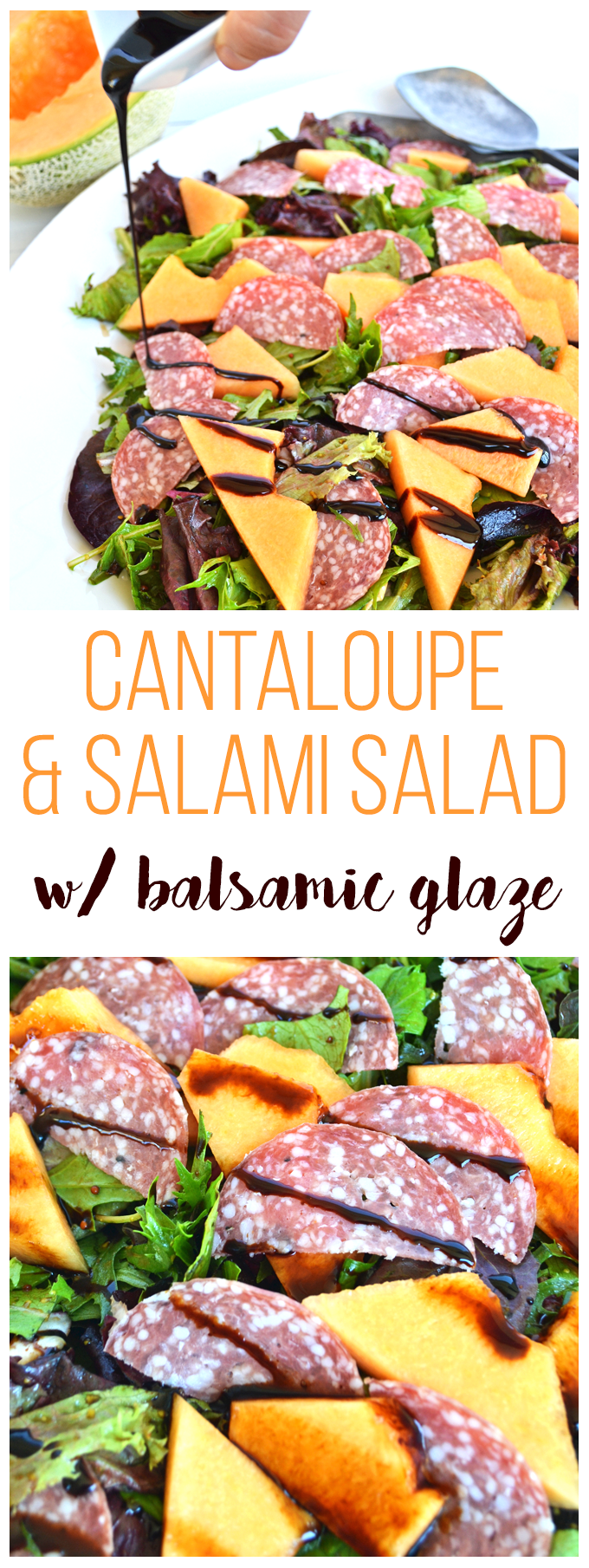 This Cantaloupe & Salami Salad with Balsamic Glaze is refreshing and perfect side dish for spring and summer! 