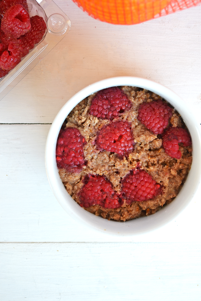 This Raspberry Orange Coffee cake is gluten free, dairy free and cooks in the microwave! It is the perfect amount for two people to share!