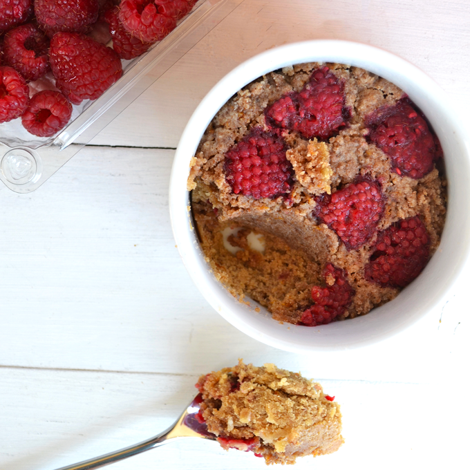 This Raspberry Orange Coffee cake is gluten free, dairy free and cooks in the microwave! It is the perfect amount for two people to share!