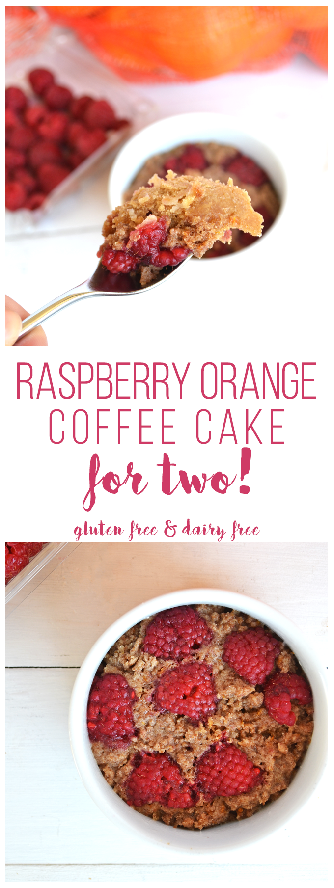 This Raspberry Orange Coffee cake is gluten free, dairy free and cooks in the microwave! It is the perfect amount for two people to share!
