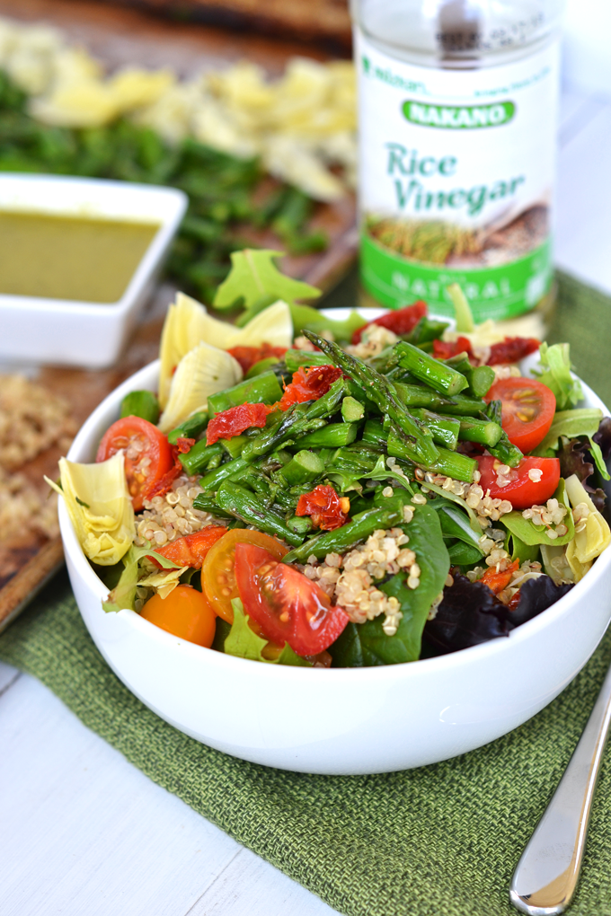 This Asparagus & Quinoa Salad with Pesto Vinaigrette is a simple and perfect salad full of flavor and nutrients! Using Rice Vinegar gives the dressing a perfectly subtle punch!