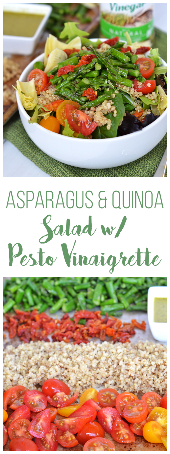 This Asparagus & Quinoa Salad with Pesto Vinaigrette is a simple and perfect salad full of flavor and nutrients! Using Rice Vinegar gives the dressing a perfectly subtle punch!