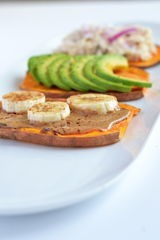 Sweet Potato Toast: 3 Ways! A great paleo & Whole30 alternative to wheat toast! Top with Almond Butter & Bananas, Avocado or Tuna!