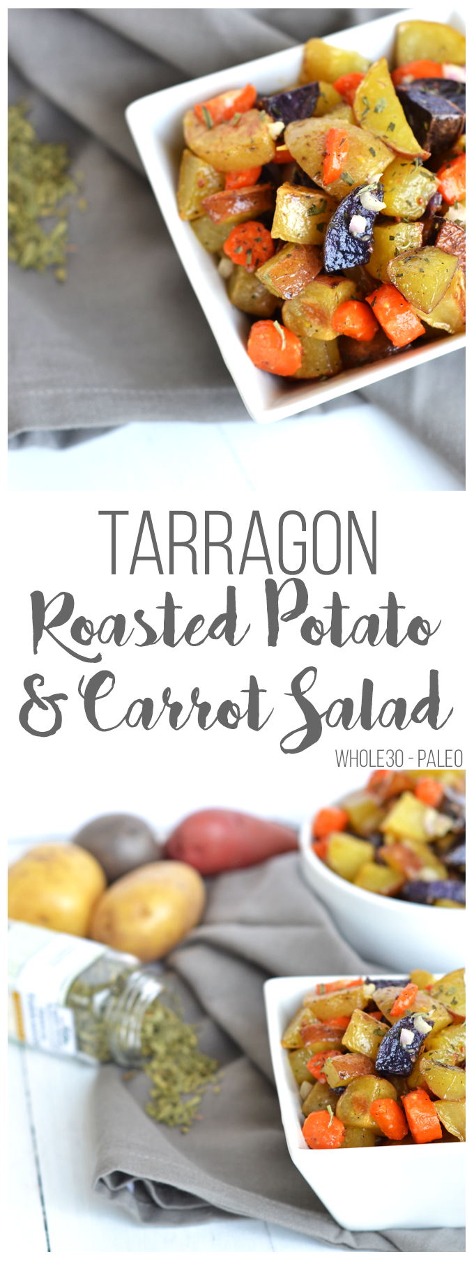 This Tarragon Roasted Potato & Carrot Salad is the perfect side dish for any occasion! Full of flavor with a light dressing that doesn't weigh you down. Whole30 compliant and paleo make for a healthy dish!