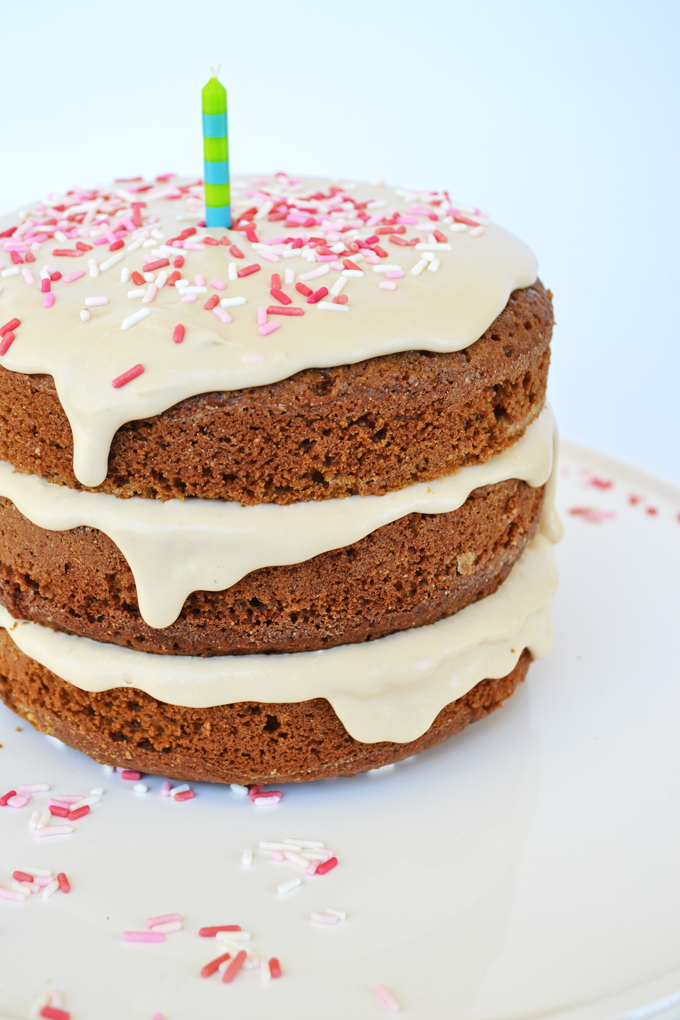 This Whole Wheat Vanilla Birthday Cake is the perfect clean cake for a super healthy celebration!! No refined sugars!