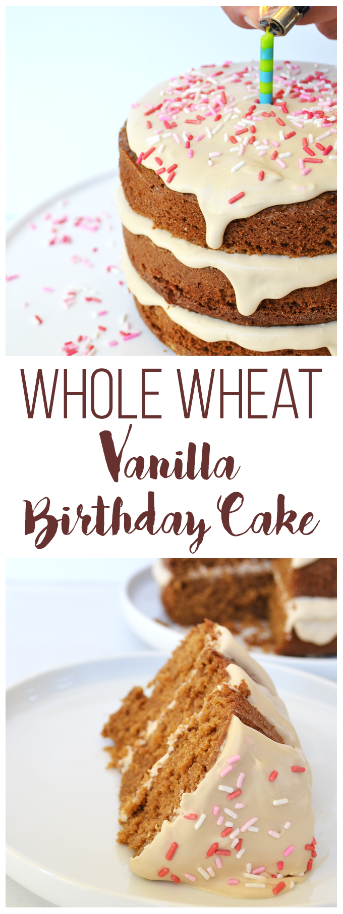 This Whole Wheat Vanilla Birthday Cake is the perfect clean cake for a super healthy celebration!! No refined sugars!