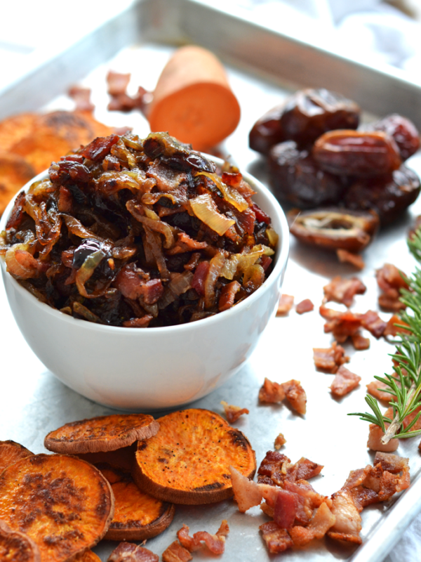 This Caramelized Onion & Bacon Compote on Sweet Potato Crostini is the perfect appetizer that can be served warm or room temperature! Whole30 and Paleo!