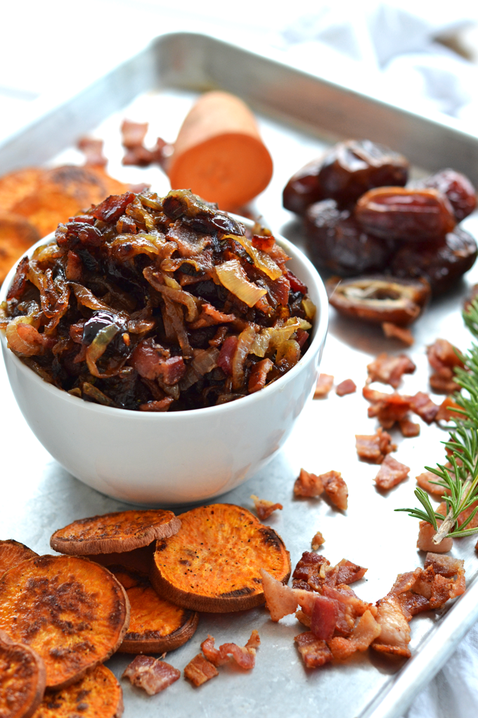 This Caramelized Onion & Bacon Compote on Sweet Potato Crostini is the perfect appetizer that can be served warm or room temperature! Whole30 and Paleo!