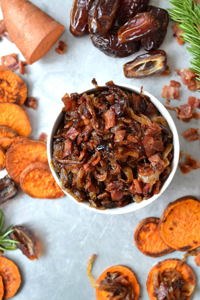 This Caramelized Onion & Bacon Compote on Sweet Potato Crostini is the perfect appetizer that can be served warm or room temperature! Whole30 and Paleo!