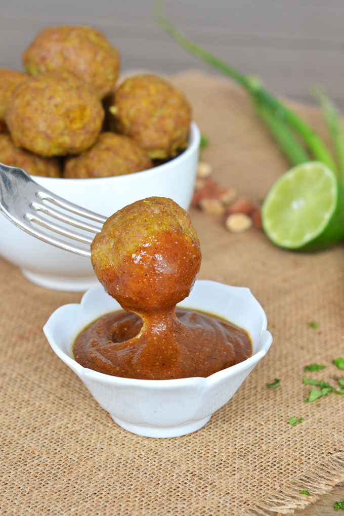 These Curry Thai Turkey Meatballs are super easy to throw together, Whole30, Paleo and packed with flavor and protein. A quick curry and almond butter sauce compliment them perfectly!