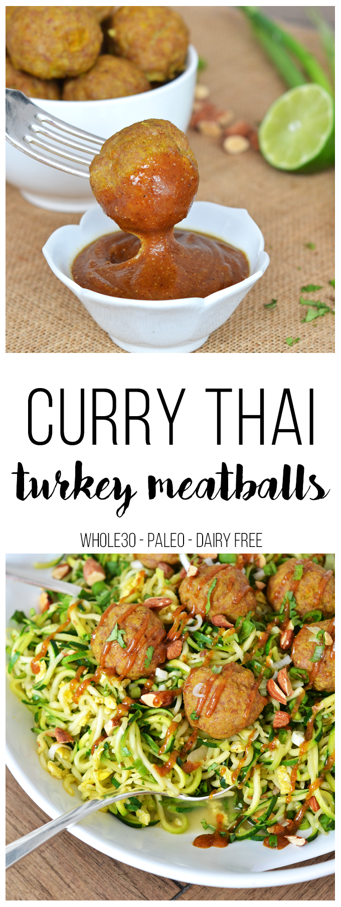 These Curry Thai Turkey Meatballs are super easy to throw together, Whole30, Paleo and packed with flavor and protein. A quick curry and almond butter sauce compliment them perfectly!