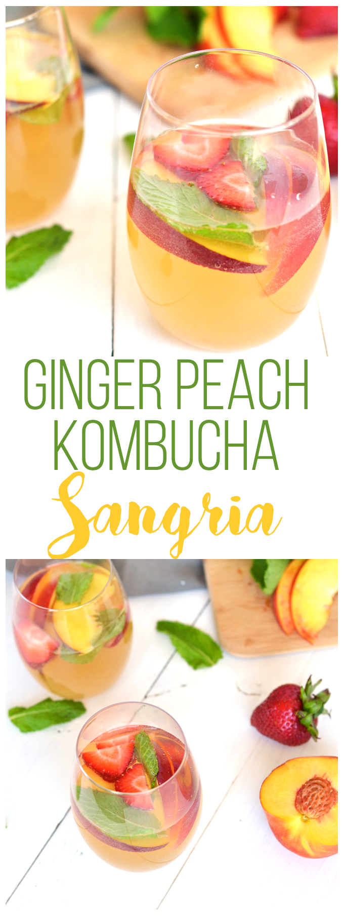 For the perfect mix of health and fun - this Ginger Peach Kombucha Sangria is a great summer drink! 3 simple ingredients and fresh fruits combine in a tasty way!