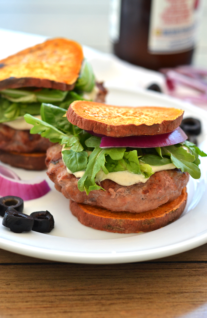 These Greek Stuffed Turkey Burgers are Paleo, Whole30 compliant and packed with greek flavor! Sweet Potato Toast for buns makes this a low card option!